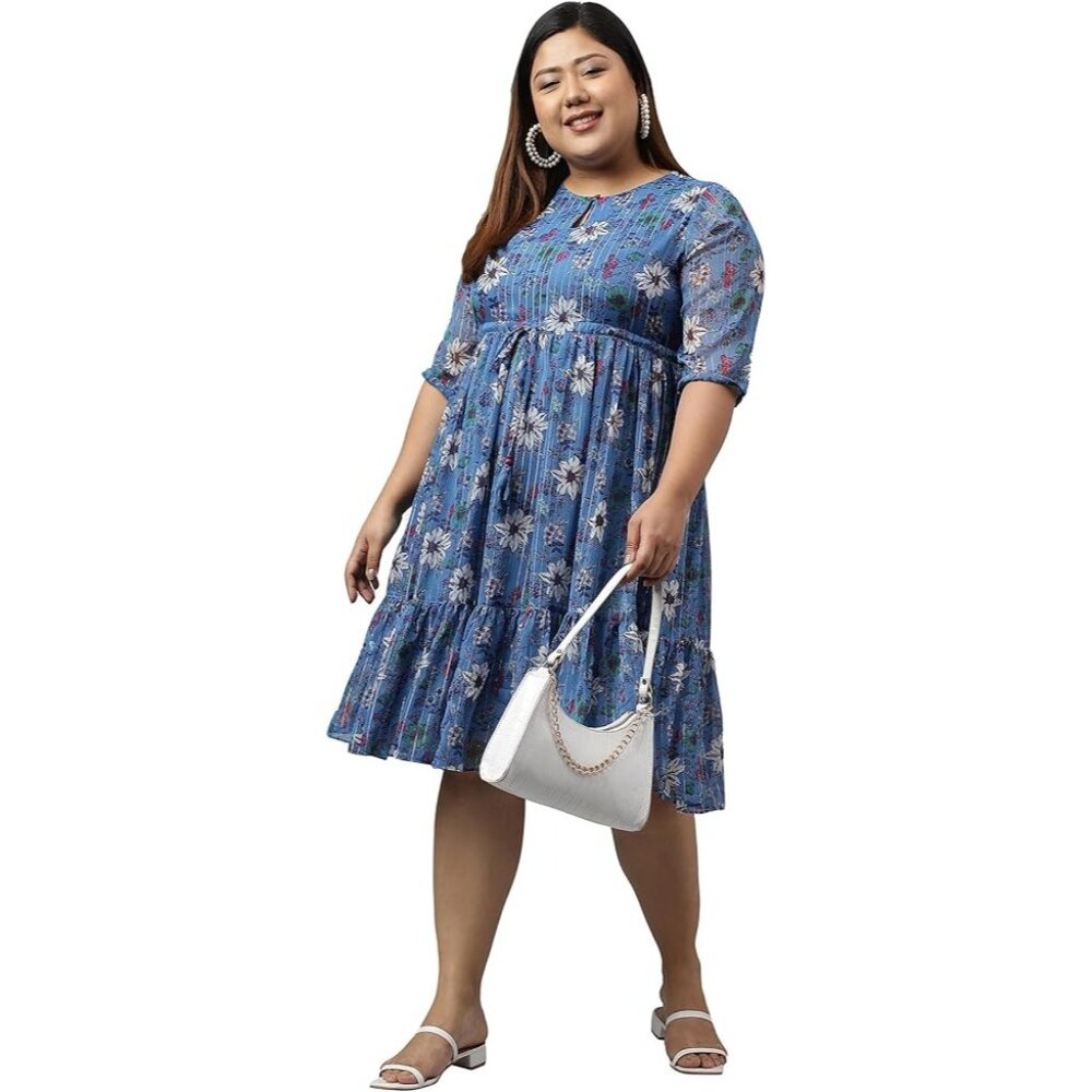 Janasya Georgette Floral Knee Length Dress Women XXL Blue Fairycore Feminine NEW